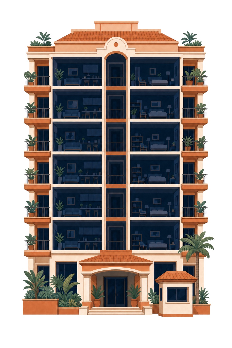 Ilustración en corte de un edificio de seis pisos con los departamentos a oscuras