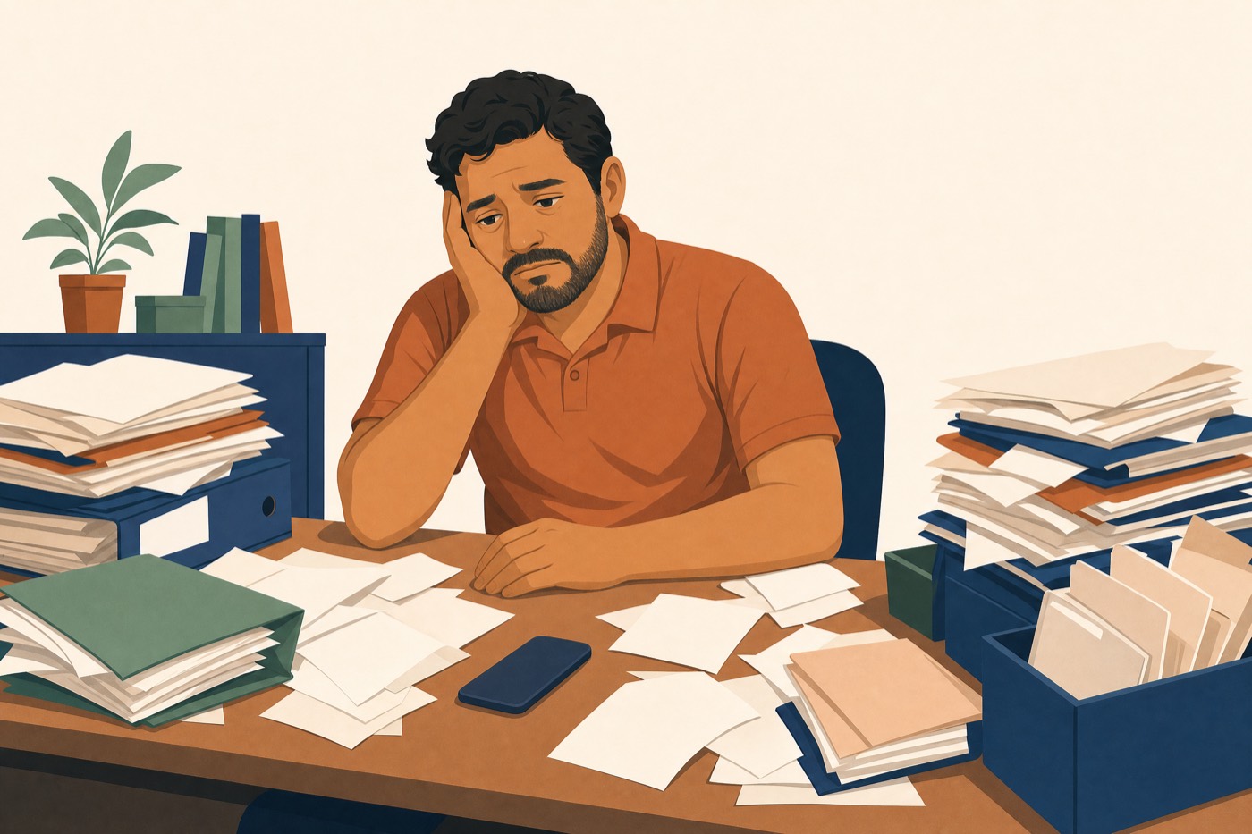 Administrador de condominio en su escritorio, rodeado de papeles y comprobantes sueltos