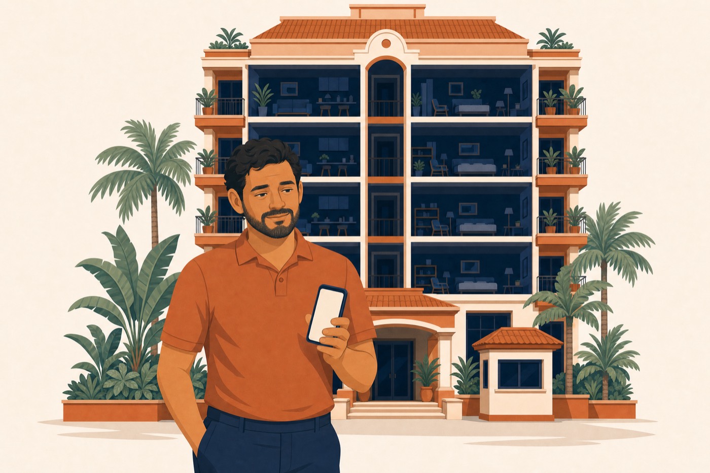 El mismo administrador, ahora tranquilo frente a su edificio, con el teléfono en la mano